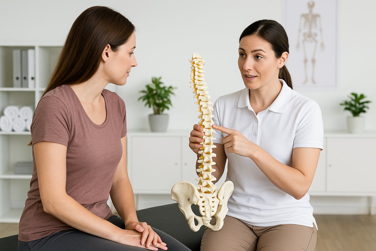 Female chiropractor explaining spinal health to a female patient using a model during a chiropractic consultation.