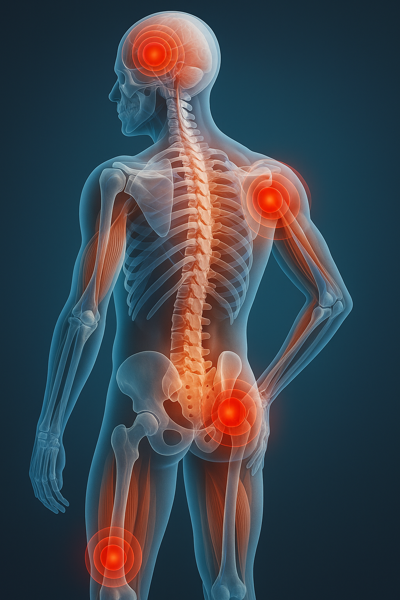 Medical illustration showing musculoskeletal connections across the body – used by Russell Lea chiropractor to explain how spinal and muscle issues can affect other areas